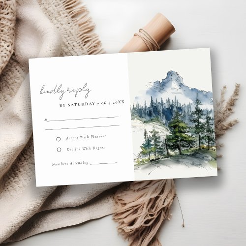 Blue Green Woods Mountain Landscape Sketch Wedding RSVP Card
