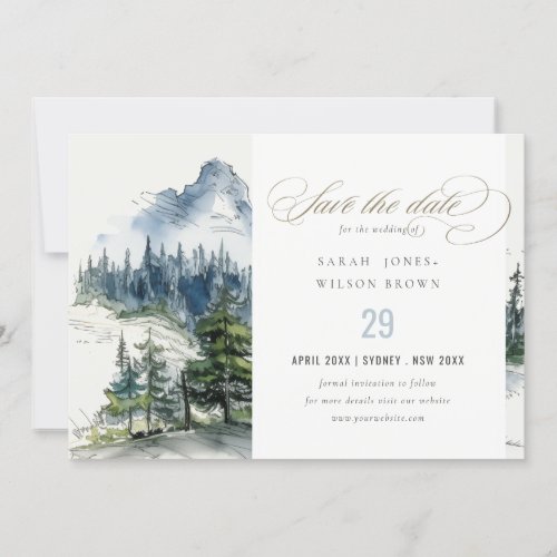 Blue Green Woods Mountain Landscape Sketch Wedding Save The Date