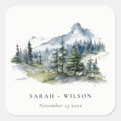 Blue Green Woods Mountain Landscape Sketch Wedding Square Sticker