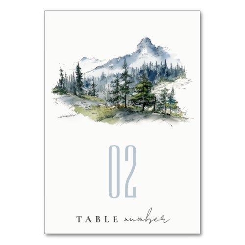 Blue Green Woods Mountain Landscape Sketch Wedding Table Number