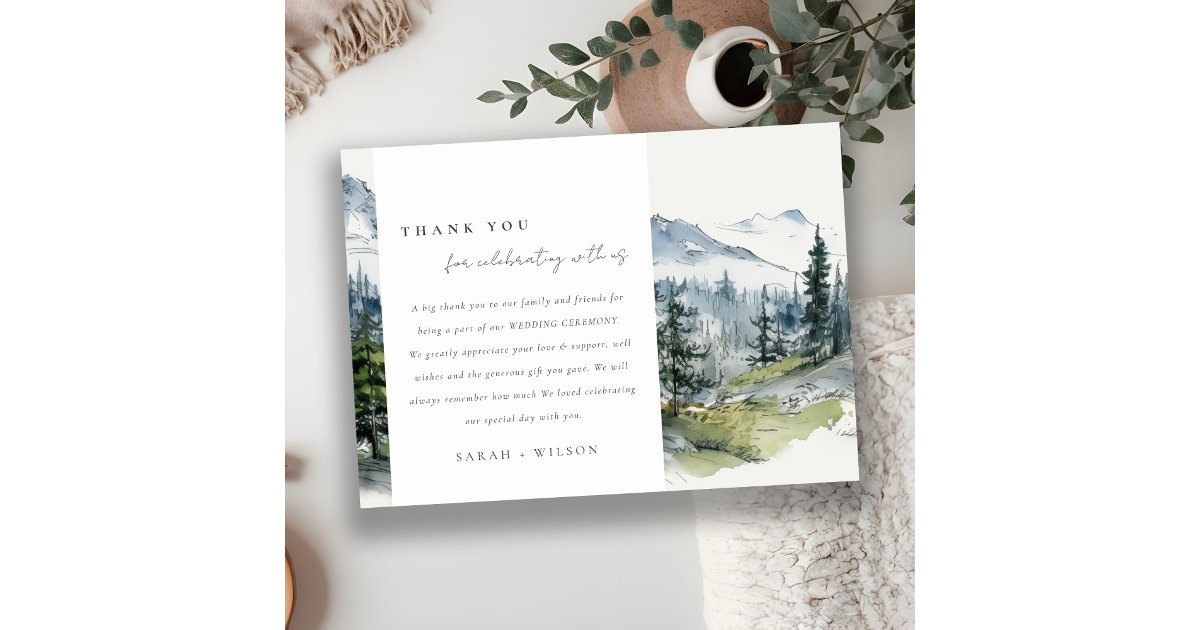 Blue Green Woods Mountain Landscape Sketch Wedding Thank You Card | Zazzle