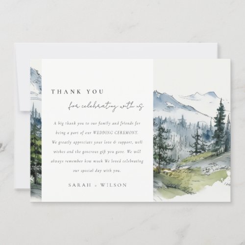 Blue Green Woods Mountain Landscape Sketch Wedding Thank You Card