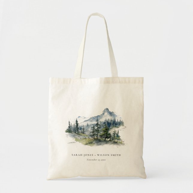 Blue Green Woods Mountain Landscape Sketch Wedding Tote Bag (Front)
