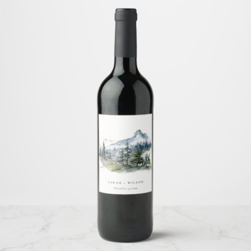 Blue Green Woods Mountain Landscape Sketch Wedding Wine Label