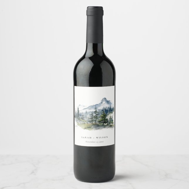 Blue Green Woods Mountain Landscape Sketch Wedding Wine Label (Front)