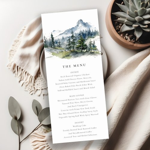 Blue Green Woods Mountain Sketch Wedding Menu Card