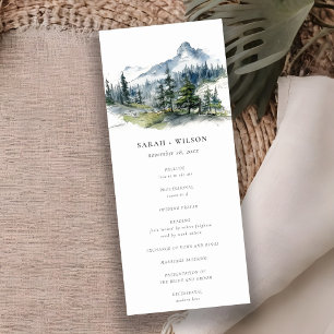 Blue Green Woods Mountain Sketch Wedding Program