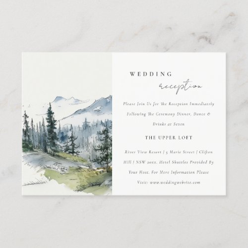 Blue Green Woods Mountain Sketch Wedding Reception Enclosure Card