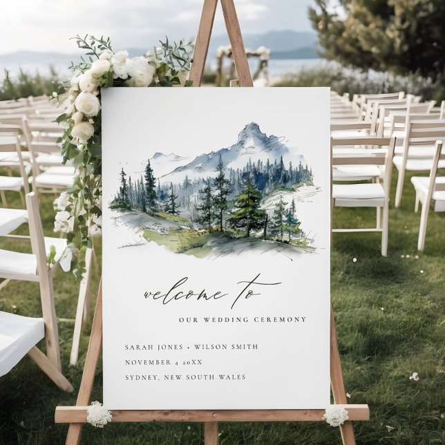 Blue Green Woods Mountain Sketch Wedding Welcome Foam Board (Creator Uploaded)