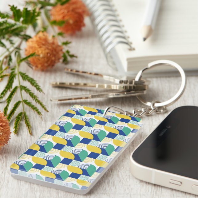 Blue Green Yellow Abstract Geometric Pattern Keychain (Front Right)