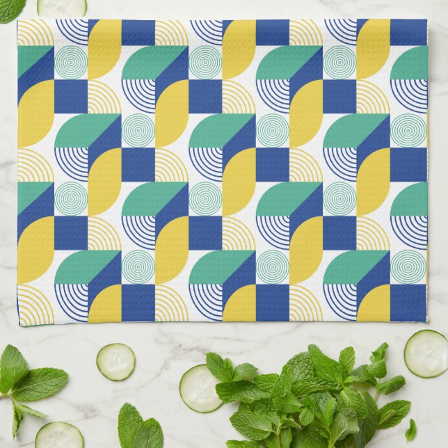 Blue Green Yellow Abstract Geometric Pattern Kitchen Towel (Folded)