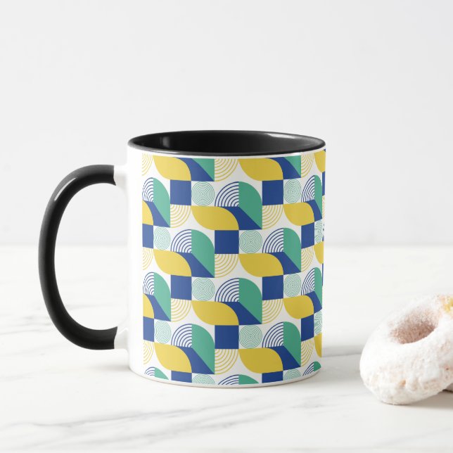Blue Green Yellow Abstract Geometric Pattern Mug (With Donut)