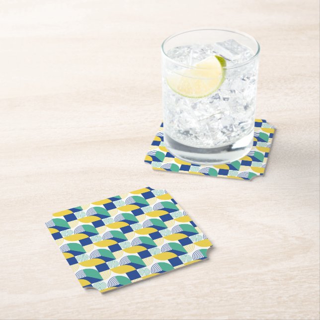 Blue Green Yellow Abstract Geometric Pattern Paper Coaster (Insitu)