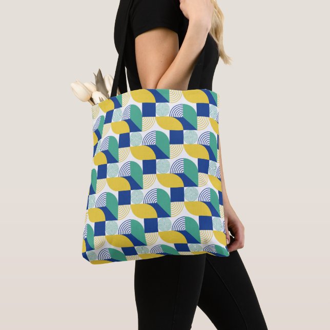 Blue Green Yellow Abstract Geometric Pattern Tote Bag (Close Up)