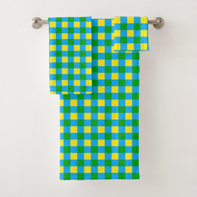 Blue Green Yellow Check Plaid Pattern Design  Bath Towel Set (Insitu)