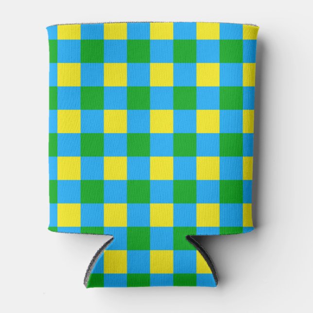 Blue Green Yellow Check Plaid Pattern Design  Can Cooler (Front)