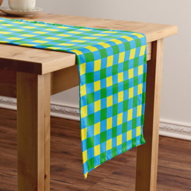 Blue Green Yellow Check Plaid Pattern Design  Short Table Runner (Creator Uploaded)