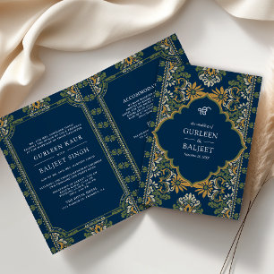 Blue Green Yellow Ikat All in One Sikh Wedding Invitation
