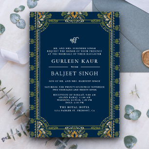 Blue Green Yellow Ikat Anand Karaj Sikh Wedding Invitation