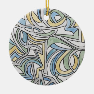 Blue Green Yellow Lattice-Abstract Watercolor Art Ceramic Ornament