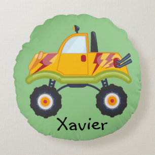 Blue Green Yellow Monster Truck Boys Personalized Round Pillow