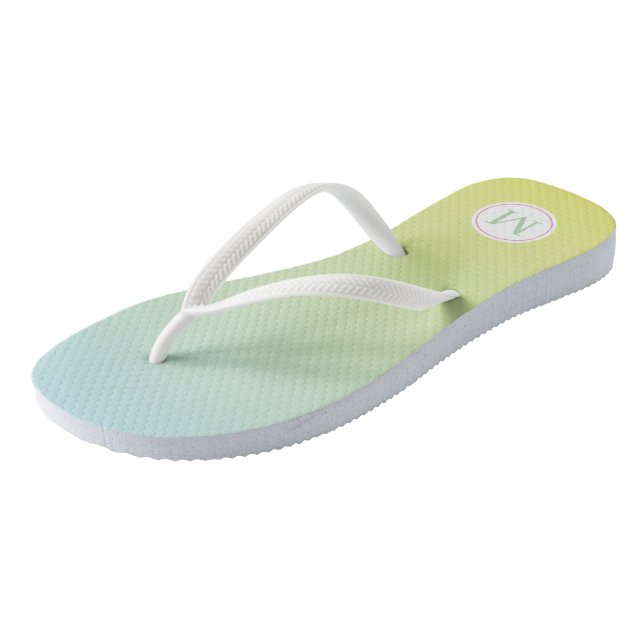 Blue Green Yellow Ombre Monogram Flip Flops (Angled)