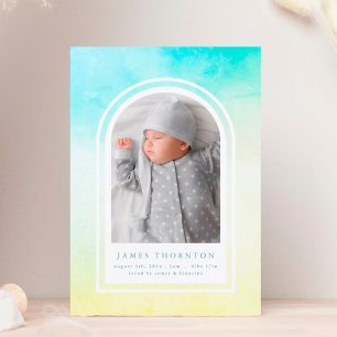 blue green yellow watercolor photo baby birth announcement