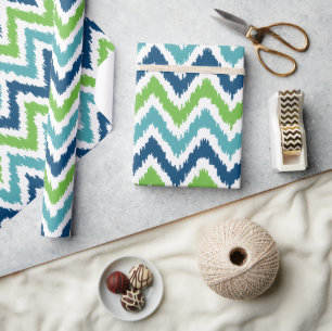 Blue Green Zigzags Ikat Pattern Wrapping Paper