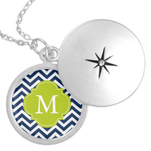 Blue & Green Zigzags Pattern Monogram Silver Plated Necklace