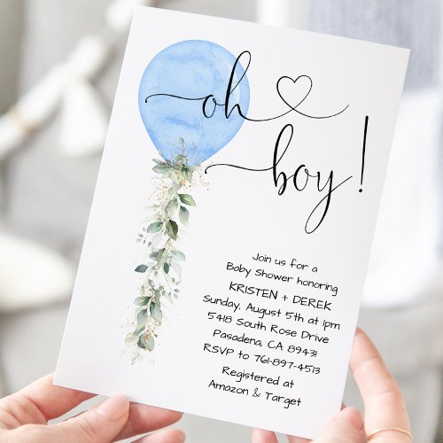 Blue Greenery Balloon Baby Shower Invitation