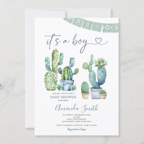 Blue Greenery Cactus Floral Its A Boy Baby Shower Invitation