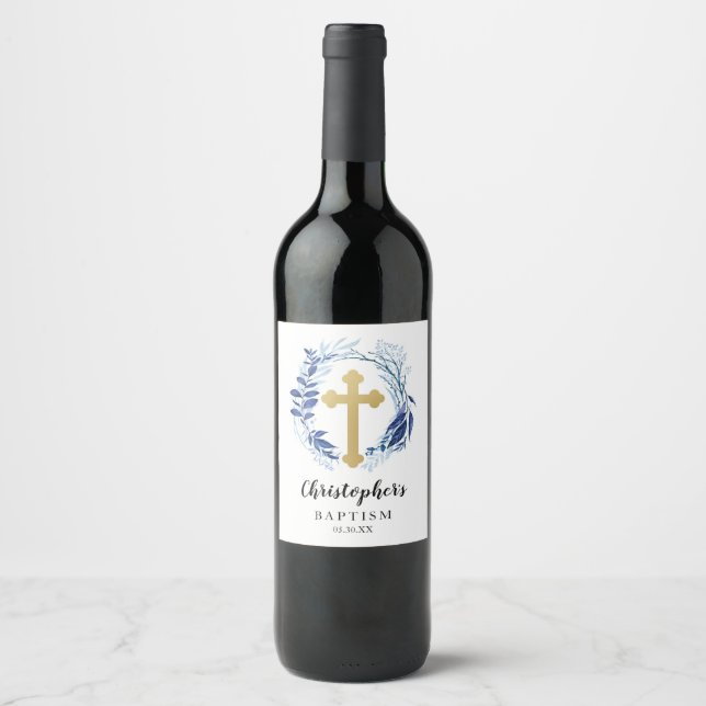 Blue Greenery Cross Wine Bottle Label (Front)