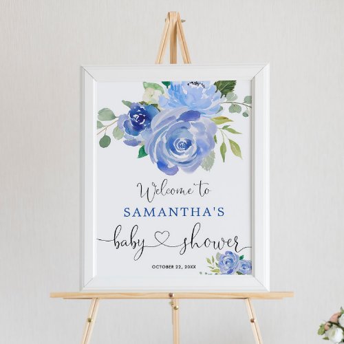 Blue greenery floral boy baby shower welcome sign