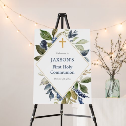 Blue greenery foliage baptism welcome sign