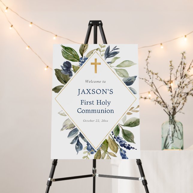 Blue greenery foliage baptism welcome sign (In Situ (Stand))