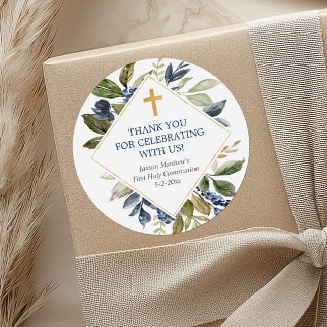 Blue greenery foliage gold first communion baptism classic round sticker (Creator Uploaded)
