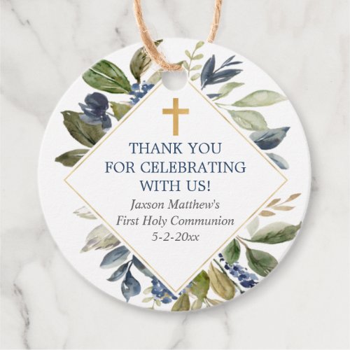 Blue greenery foliage gold first communion baptism favor tags