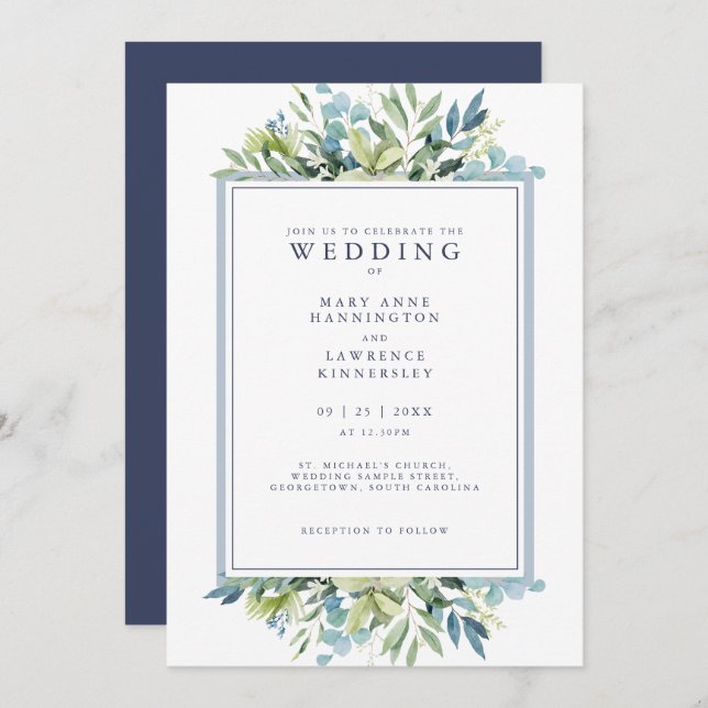 Blue Greenery Foliage Wedding Invitation (Front/Back)