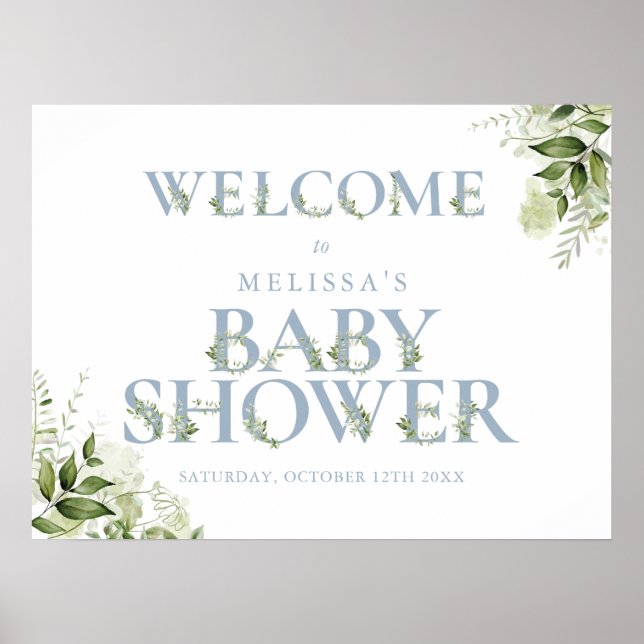 Blue Greenery Letter Baby Shower Welcome Sign (Front)