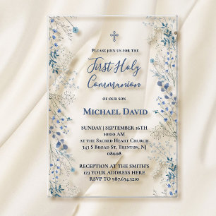  blue greenery watercolor First Communion boy Acrylic Invitations