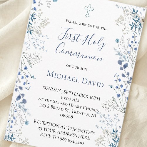  blue greenery watercolor First Communion boy