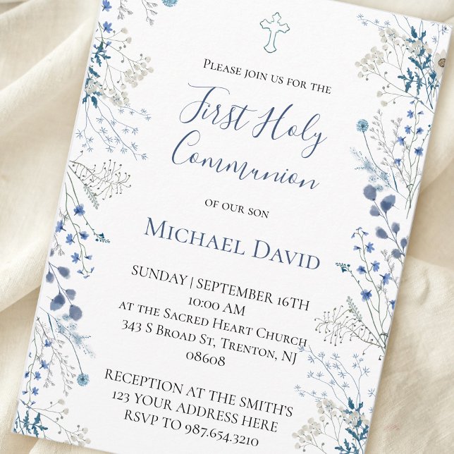  blue greenery watercolor First Communion boy Invitation (Creator Uploaded)