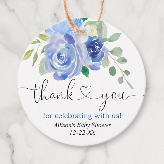 Blue greenery white floral thank you favor tags (Front)