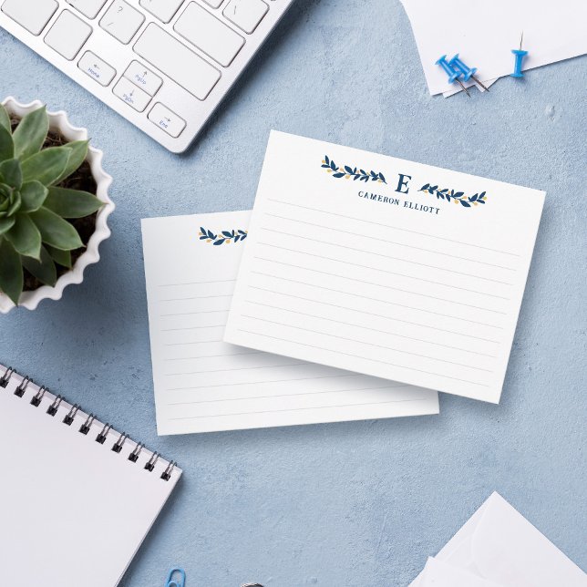 Blue Greenery Yellow Berries Monogram Lined Note Card (Creator Uploaded)