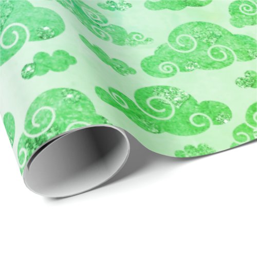 Blue Greenly Glitter Clouds Steel Metallic Silver Wrapping Paper
