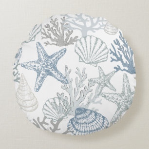 Blue Grey And Beige Beachy Starfish Seashell Round Pillow