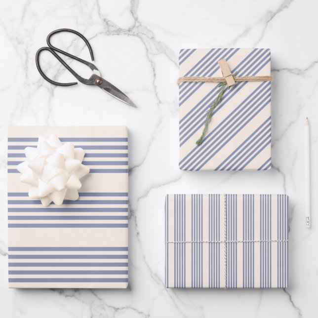 Blue-grey and beige five stripe pattern wrapping paper sheets (Front)