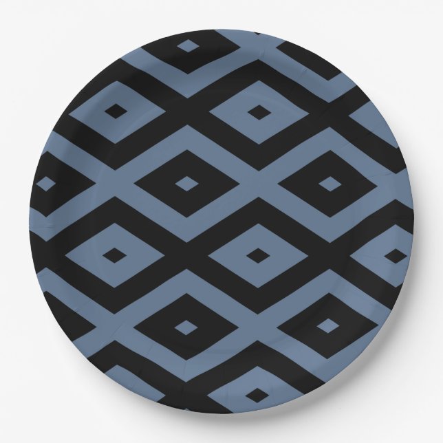 Blue grey and black diamond pattern paper plates (Front)