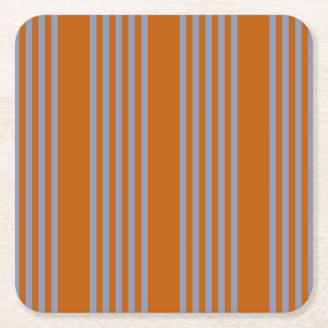 Blue-grey and burnt orange five stripe pattern square paper coaster (Front)