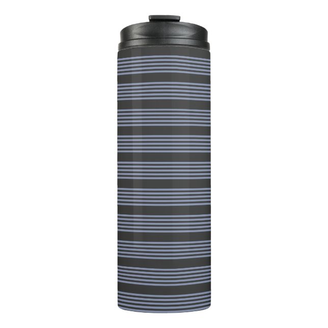 Blue-grey and charcoal five stripe pattern thermal tumbler (Front)